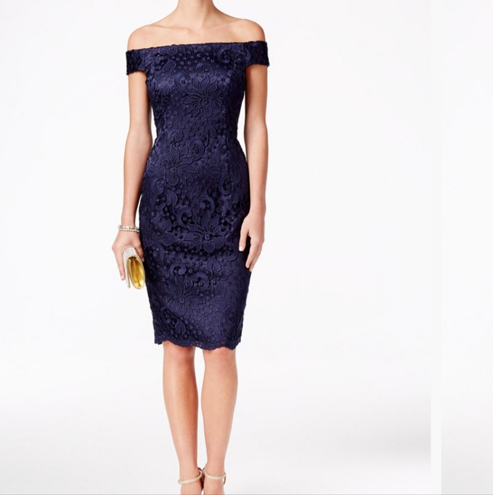 Adrianna Papell Navy Off-Shoulder Lace Midi Dress